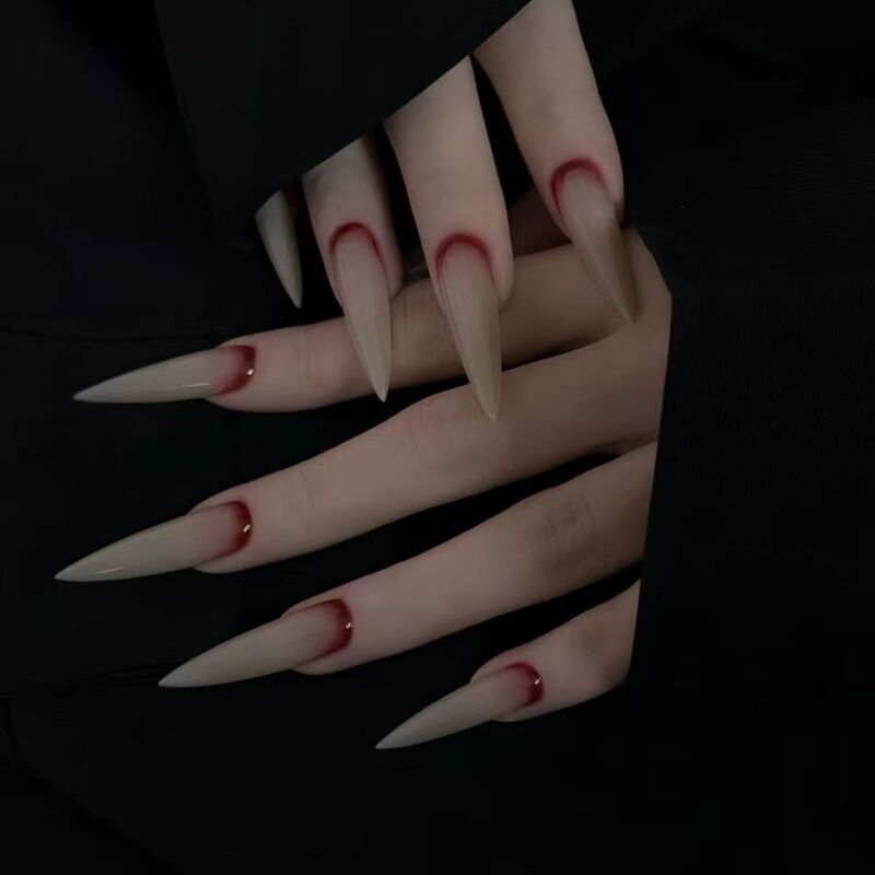 Cool and Dark Blood-Red Nail Art, Dark and Alluring Style, Sheer and Transparent, Wine-Red Blood Color, Unique and Long 4cm Thin Dog Nail Stickers