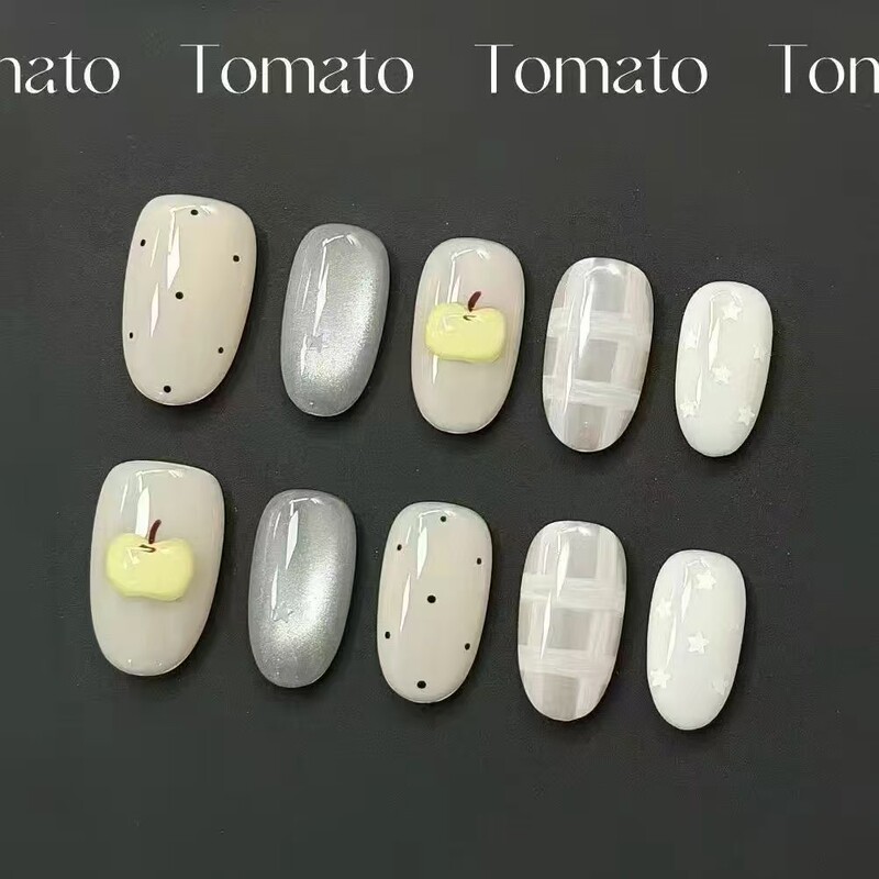Milk Mist Fruit Star Wearable Nail Cream Fresh Style Green Apple Cat Eye Polka Dot Plaid Korean Style Short Oval Nail Stickers Milk Mist Fruit Star Wearable Nail Cream Fresh Style Green Apple Cat Eye Polka Dot Plaid Korean Style Short Oval Nail Stickers