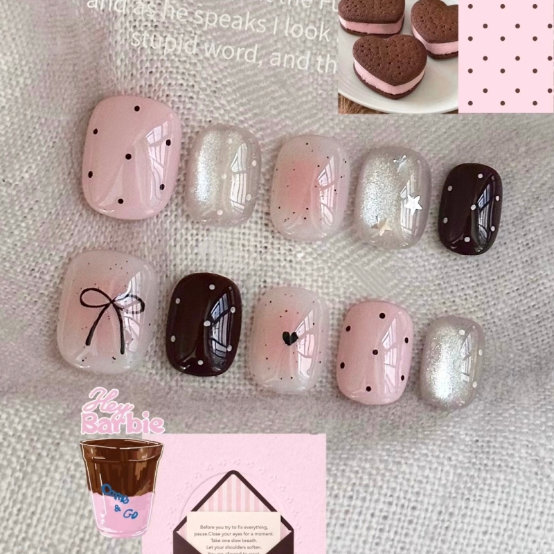 Pink-Brown Bowknot Nail Stickers, Gentle Korean Sweet Girl Style, Simple Everyday Short-Length Nail Patches for Girls