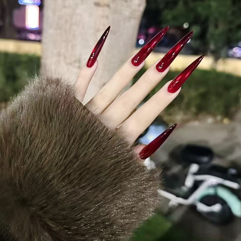 Cherry Wine Red Solid Color Cat Eye Press-On Nails, High-End, Brightening, New Year Extra-Long Style, 4cm Thin Dog Nail Art Stickers