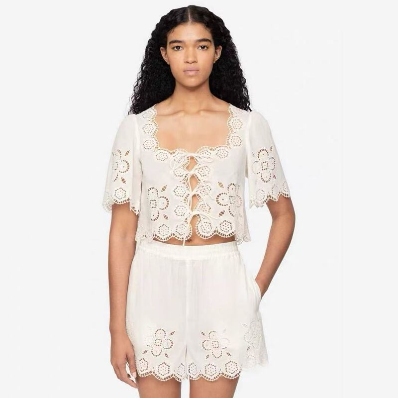 Super Beautiful [New York Se* Hollow-Out Shirt] Bag-Style French Single-Breasted 26 Spring Lace Embroidery Tie-Up Short Shirt
