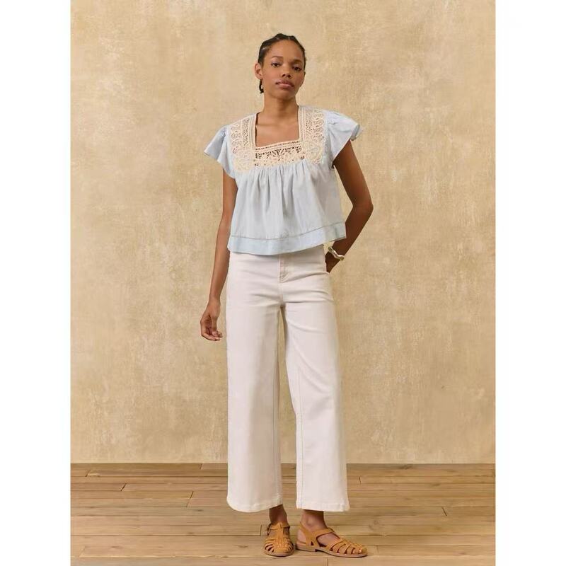 90% off ! [Paris Louis* Blue Shirt] Baguette French Style 26 Summer Lace Patchwork Flutter Sleeve Blouse