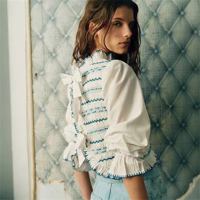 Bow Tie! [Paris Seza* Shirt] Bag French Style Single-Breasted 26 Autumn Pleated Embroidered Sweet Stretchy Top