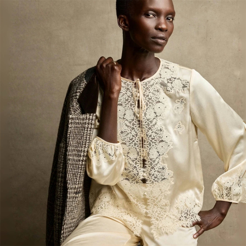 Silk Satin! [American Doe* Shirt] Bag French Order 26 Spring Elegant Silk Shirt Lace Shorts