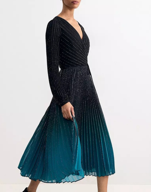 British P8 Gradient Shimmer Pleated Long-Sleeve Dress V-Neck Wrap Tie Waist Mid-Length Party Dress British P8 Gradient Shimmer Pleated Long-Sleeve Dress V-Neck Wrap Tie Waist Mid-Length Party Dress