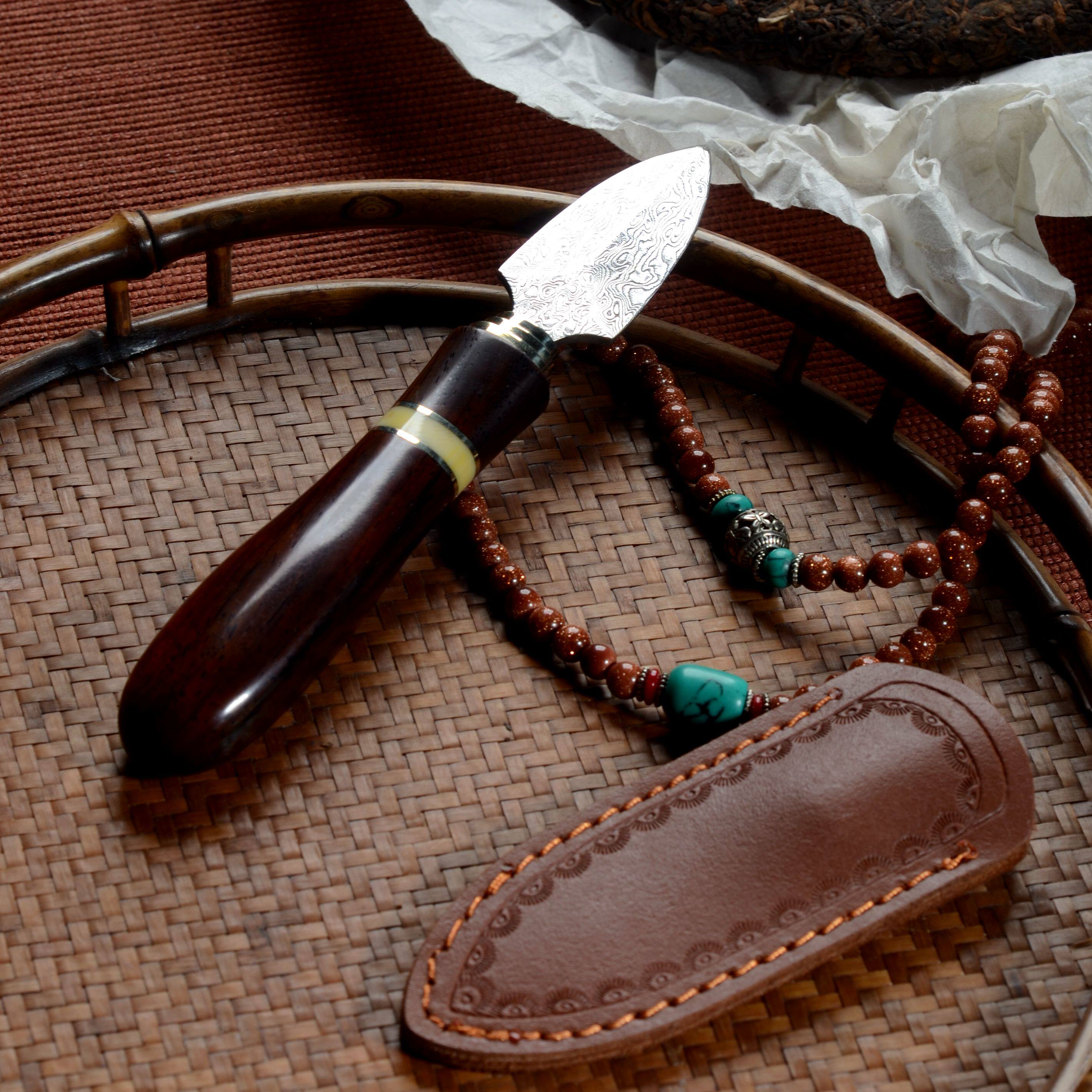 Natural Solid Wood Red Sandalwood Damascus Steel Puh Tea Knife Tea Needle Kutian Tea Accessories Tea Cake Knife