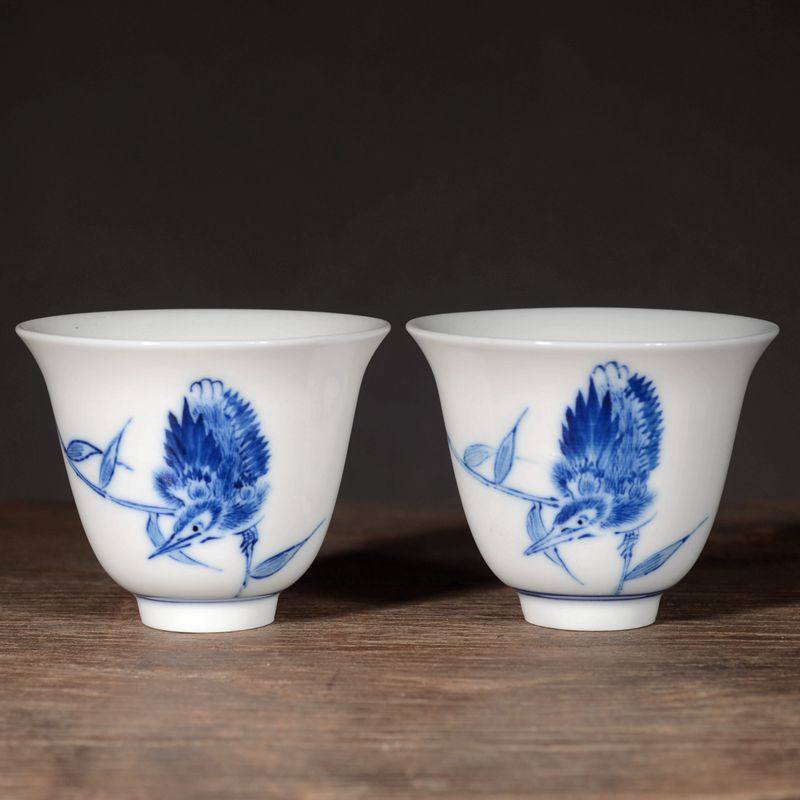 Jingdezhen Ceramic Green Flower Hand-painted Bamboo Bird Tea Cup White Porcelain Glaze Lower Color Tea Set Cup Master's Cup