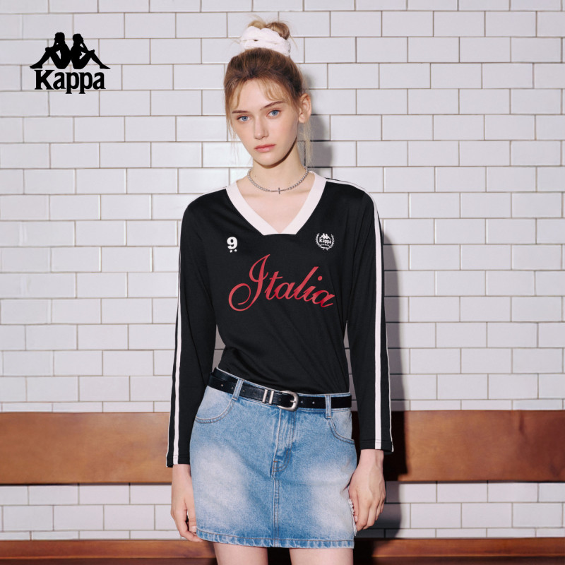 Kappa Color-Block V-Neck Long-Sleeve T-Shirt for Women, Pure Cotton Jersey Style, Printed Breathable Sports Top, Trendy