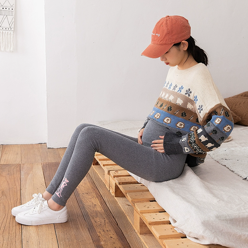 Quần legging nữ mang bầu mùa thu nữ mặc rộng bụng chải bông bụng dễ thương kiểu nước ngoài mùa thu và quần mùa đông - Phụ nữ mang thai quần / quần bụng