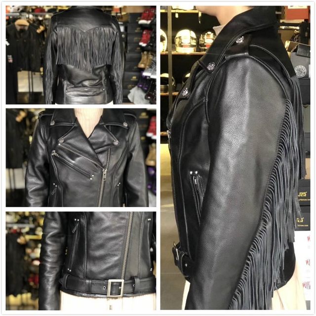 Spot Harley ຜູ້ຂັບຂີ່ຜູ້ຊາຍແລະແມ່ຍິງ tassel leather jacket diagonal zipper ສ່ວນບຸກຄົນອິນເດຍລົດຈັກລົດຈັກຂີ່ jacket ຫນັງ