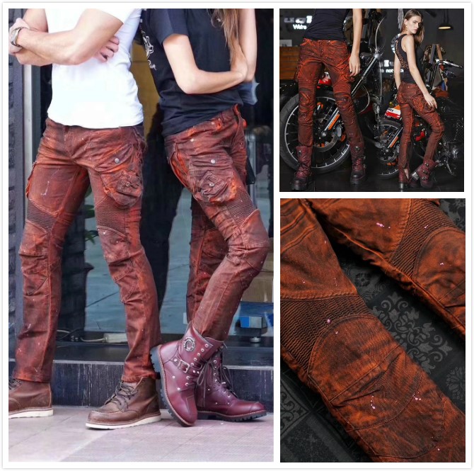UGLYBROS Harley cycling trousers retro-made old nostalgic wine red personality knee-guard men and women locomotive jeans