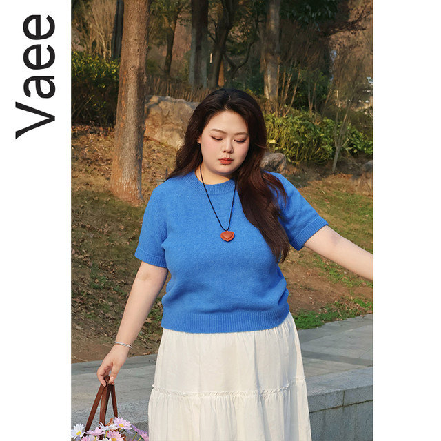 Vaee large size women's French commuting round neck knitted top early spring fat mm temperament versatile short-sleeved sweater T-shirt