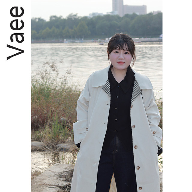 Vaee plus size women's contrasting color splicing plaid windbreaker autumn and winter new fat mm loose slim versatile long coat