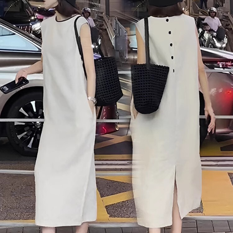 French Rouje Moaks Round Neck Sleeveless Vest Dress for Women 2026 Summer Loose Slimming Long Skirt