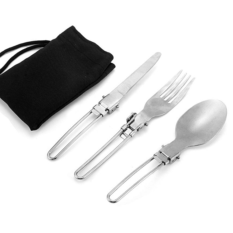 Cross Border Outdoor Travel Stainless Steel Folding Cutlery Three Sets Portable Folding Knife Fork Spoon Cloth Bag