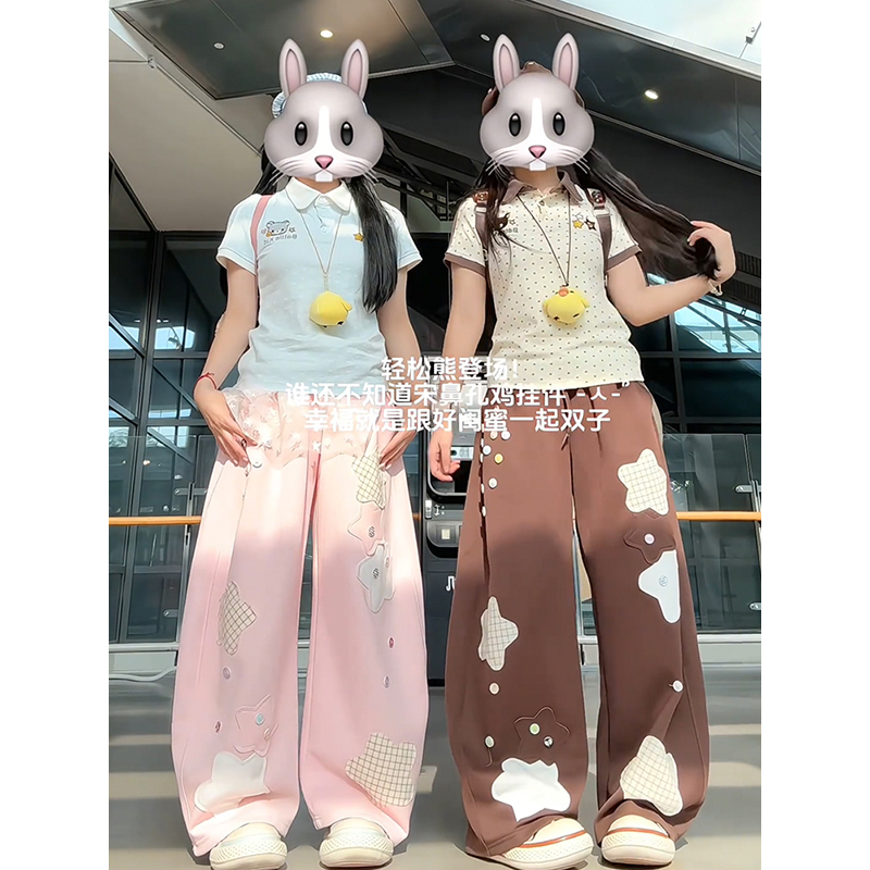American-Style Cartoon Casual Sports Suit for Women, Summer Cute Bear Lapel Short-Sleeve Top with Star Patch and Long Pants Two-Piece Set American-Style Cartoon Casual Sports Suit for Women, Summer Cute Bear Lapel Short-Sleeve Top with Star Patch and Long Pants Two-Piece Set