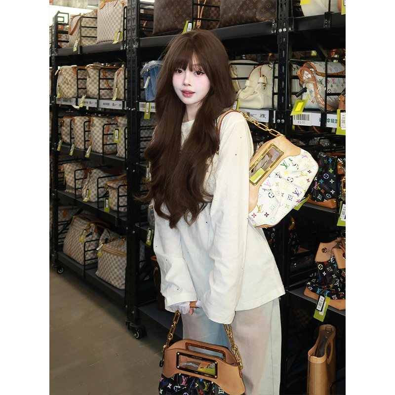 Korean Style White Casual Sports Suit for Women, Spring and Autumn Lazy Style, White Rhinestone Long-Sleeve Top and Long Pants Two-Piece Set