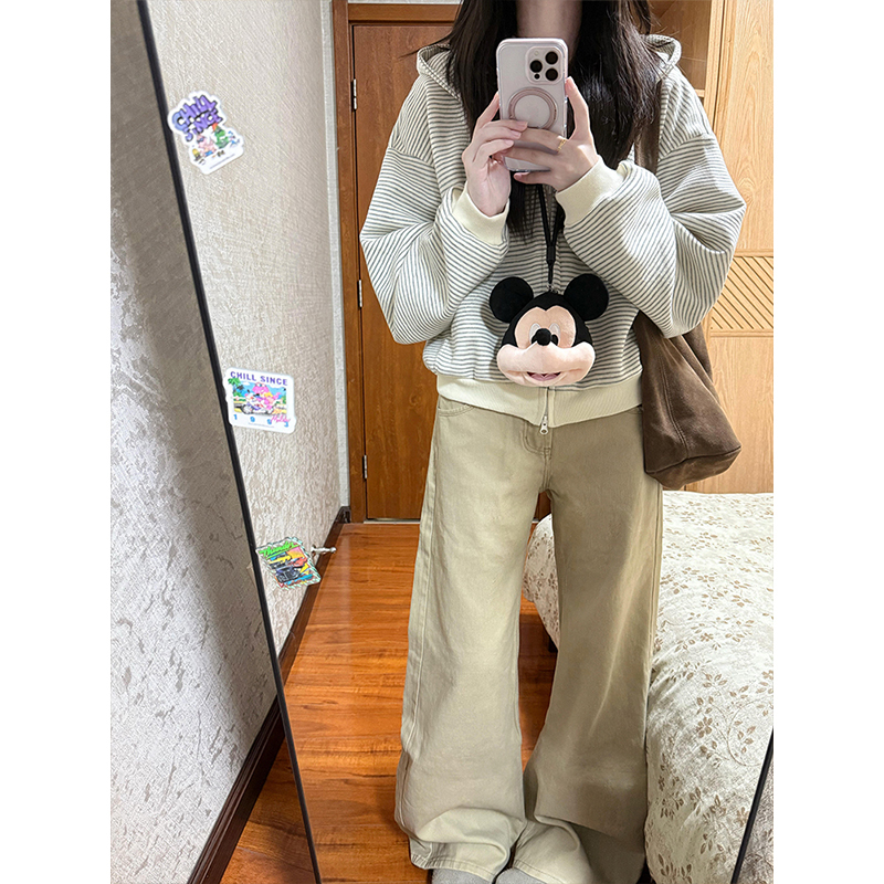 Retro Ootd Casual Sportswear Suit for Women in Autumn and Winter Stripesd Cardigan Jacket Sweatshirt Jeans Heavy Two-Piece Set