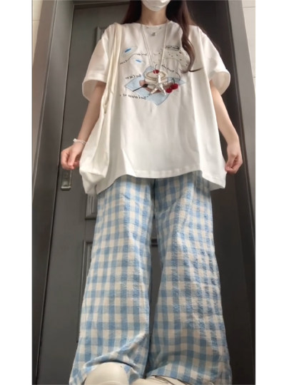 韩系减龄运动套装女夏季2025新款学生休闲短袖格子裤时尚两件套