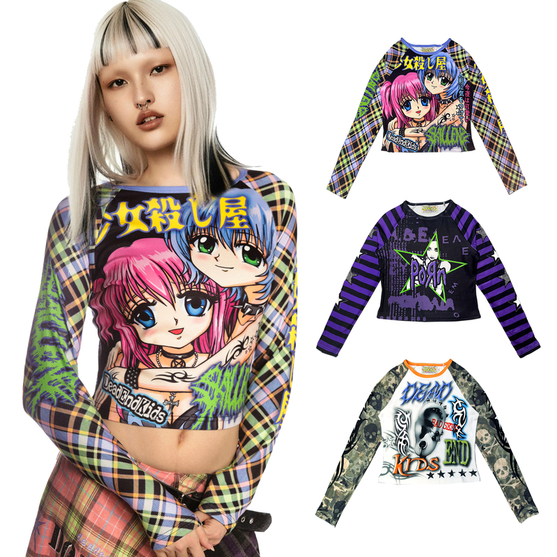 Deadendkids Original Sweet and Cool Y2K Subculture Print Slimming and Warm Raglan Long-Sleeve Short Top