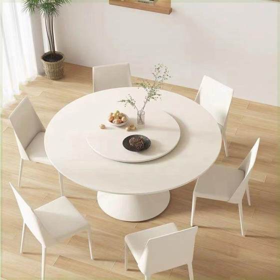 2023 new French style pure white slate dining table and chairs modern simple round dining table home cream turntable dining table