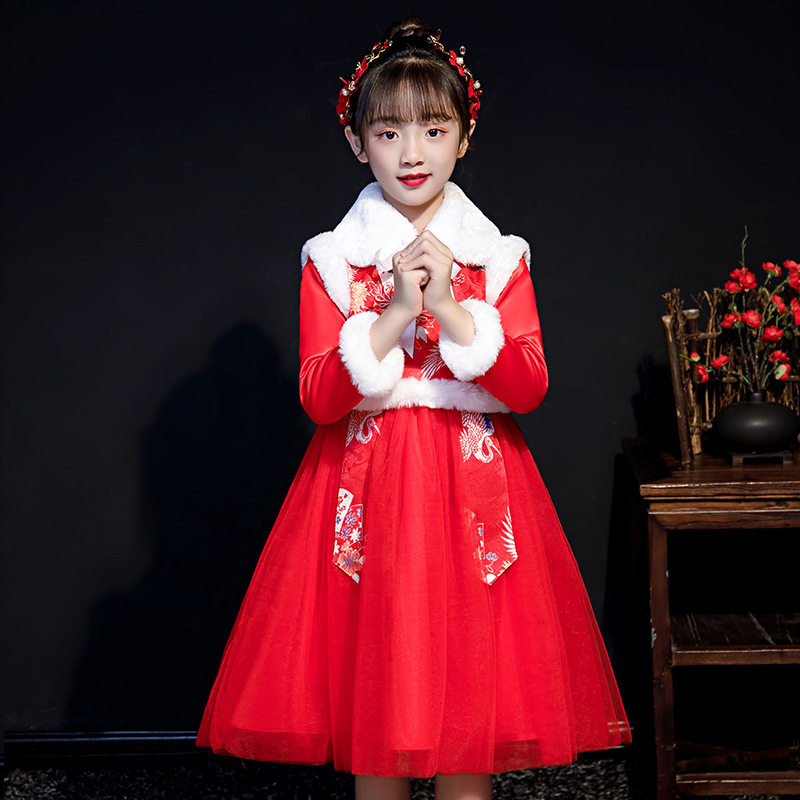 China Wind Girls Winter Tang Dress Thickened for New Year's New Year Children's clothes Red Heqing Upper class Children's Han uniforms