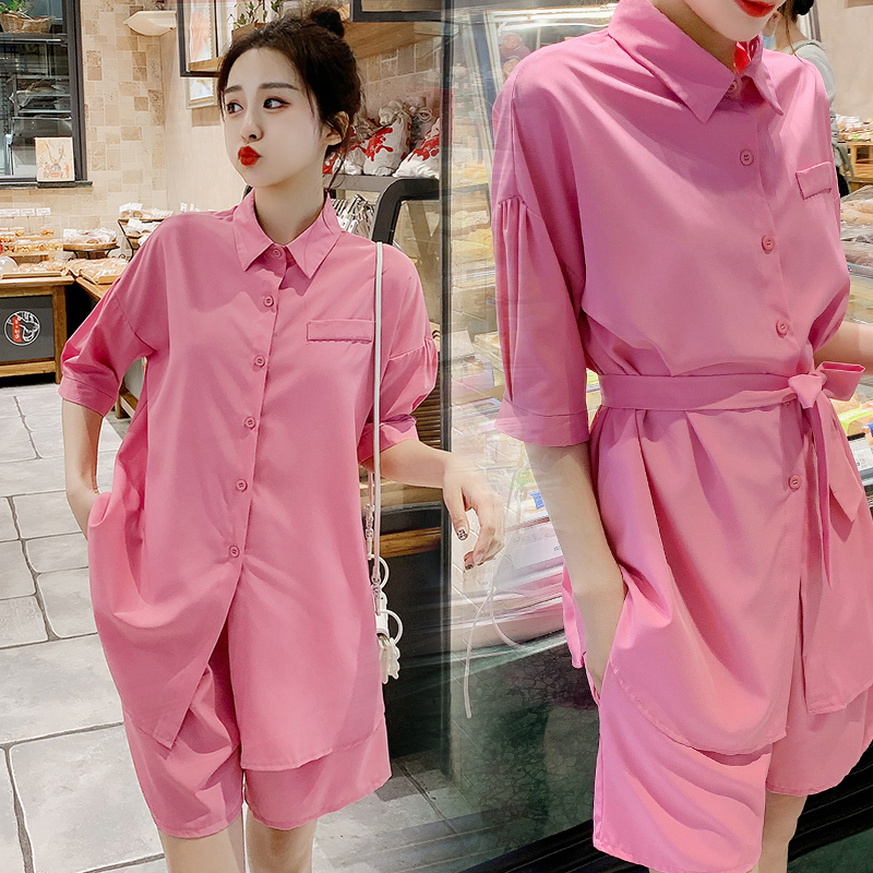 Korea Gestational Woman Dress 2022 New Summer Advanced Sensation Short Sleeve Loose out of fashion Fashion Minus Age Net Red Suit Two Sets