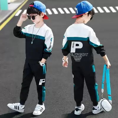 Korean boys western style sweater suit 2021 new spring middle and large children's sports two-piece suit Korean fashion trend suit
