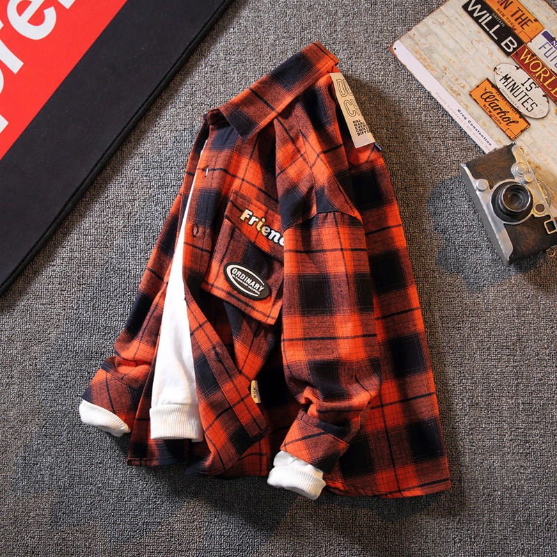 Korean Children Suit Boy Pure Cotton Plaid Shirt 2021 New CUHK Boy Boy Han Version Long Sleeve Fashion Tide Suit