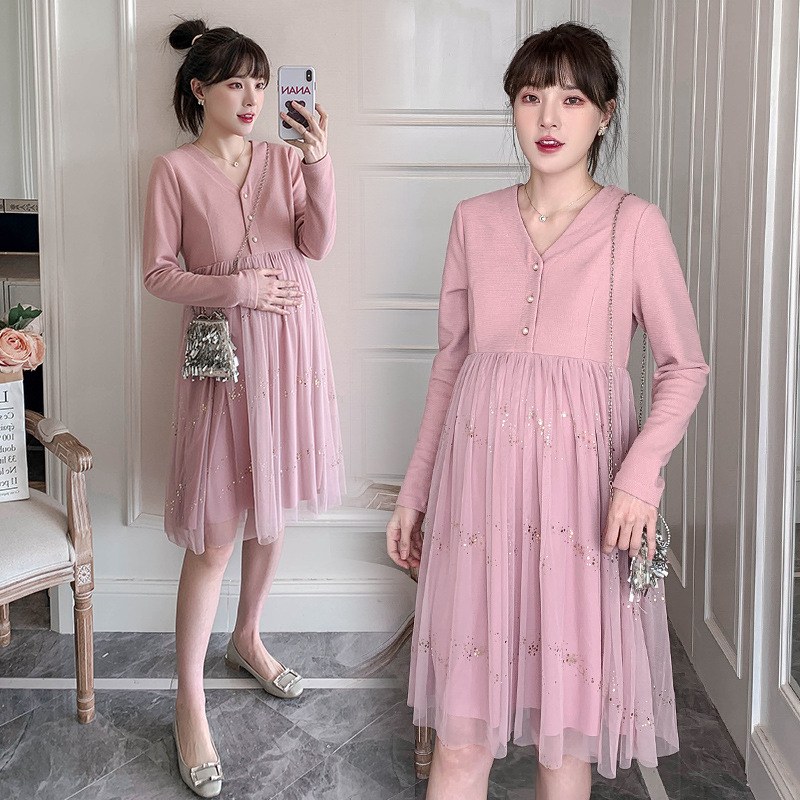 South Korea Long Sleeve Expensive Lady Temperament Cashew Pregnancy Maternity Dress Mesh Yarn Splicing Medium Long Version Loose Foreign Dress Solution for Breast Milk
