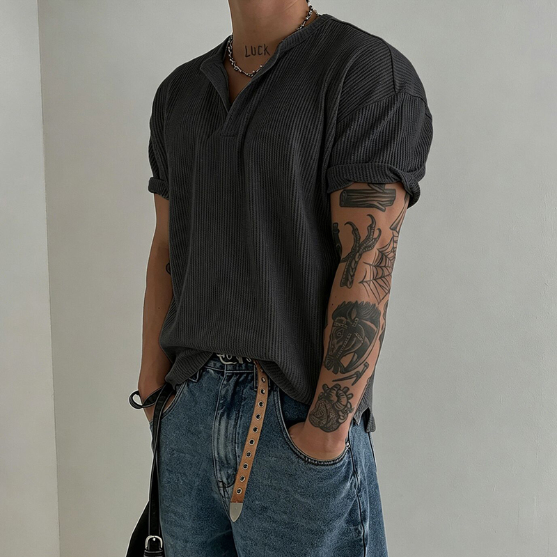 Primas'American Tough Guy' Heavy Waffle Knit Henley Shirt for Men, Short-Sleeved Summer Cleanfit Shirt for Muscular Men Primas'American Tough Guy' Heavy Waffle Knit Henley Shirt for Men, Short-Sleeved Summer Cleanfit Shirt for Muscular Men
