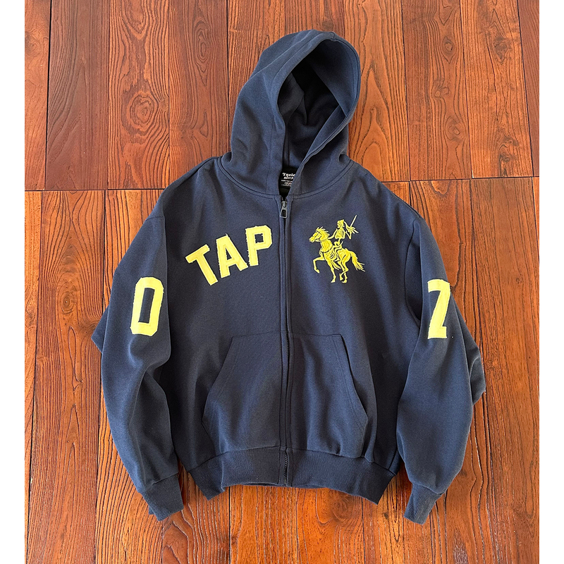 Trendy Gothic Style American Retro War Horse Embroidered Letter Hoodie Cardigan Unisex Short Boxy Jacket