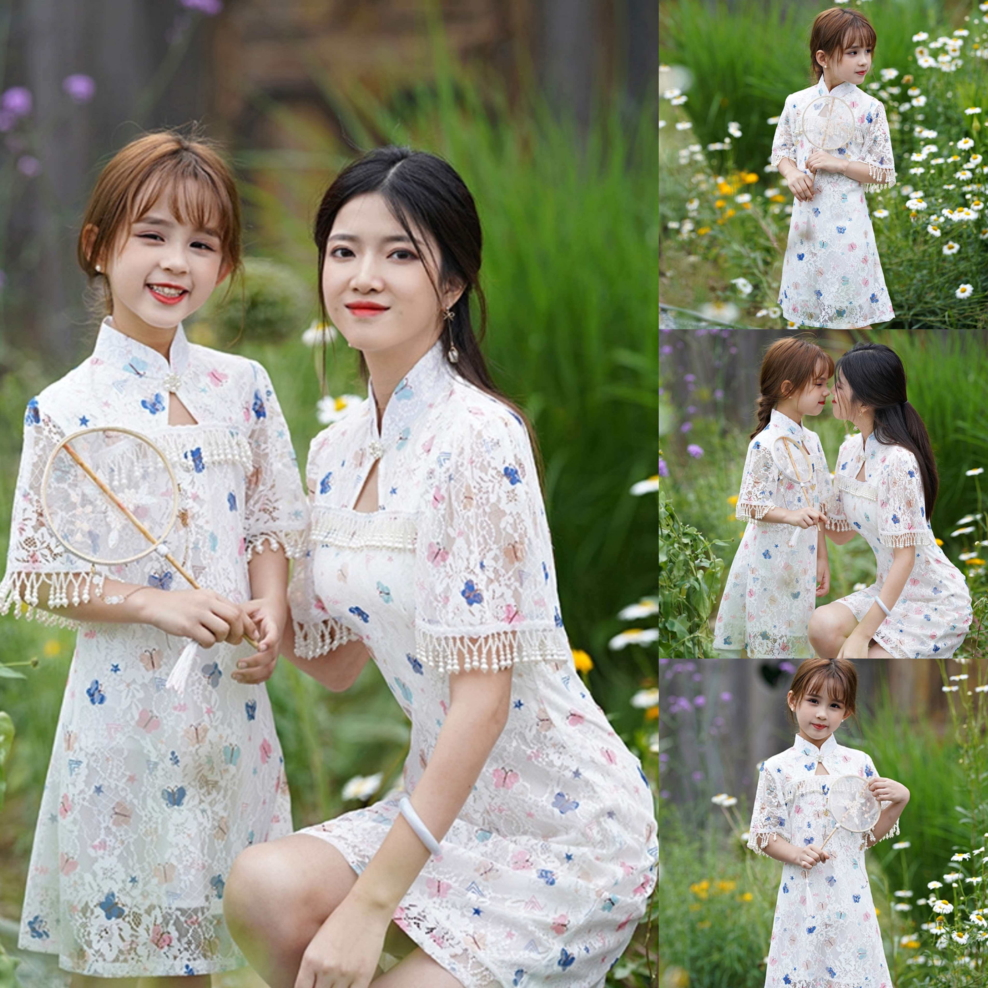 Pro-Son Dress Lace Butterfly Ocean Dress 2022 Summer New China Wind Qipao Nail Beads Display Slim Fashion Mother Women Dress