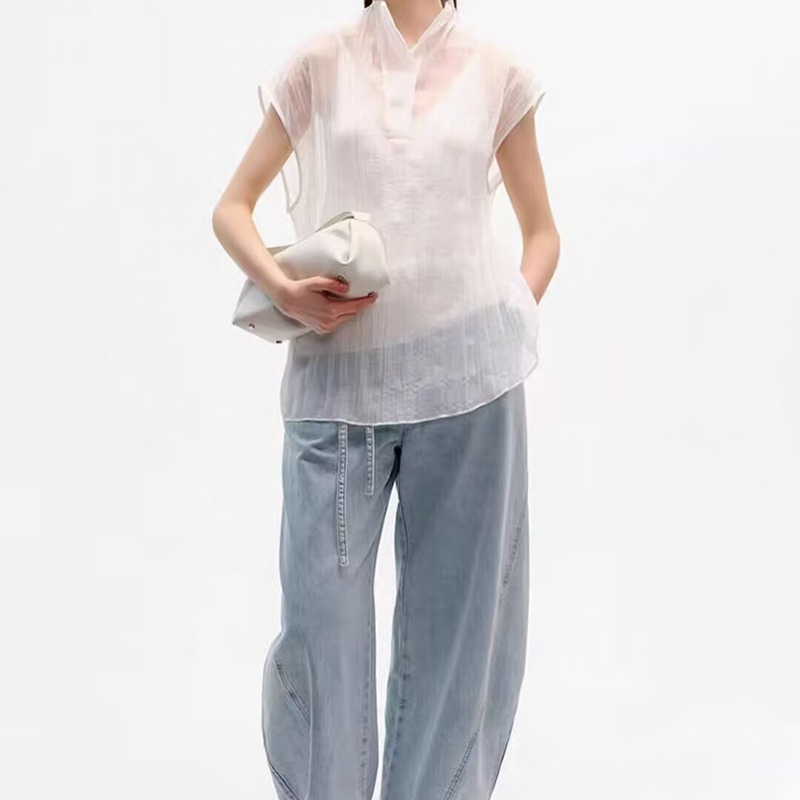 【Cloud-Like Sheer Fabric】Shopping Mall Same Style Loose-Fitting Versatile Stylish Sleeveless Pleated Shirt Pullover Stand Collar Shirt 【Cloud-Like Sheer Fabric】Shopping Mall Same Style Loose-Fitting Versatile Stylish Sleeveless Pleated Shirt Pullover Stand Collar Shirt