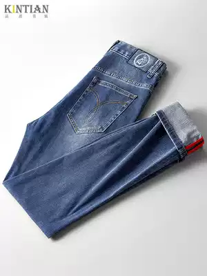 Fashionable new stretch wash jeans summer slim straight tube waist yellow blue jeans men