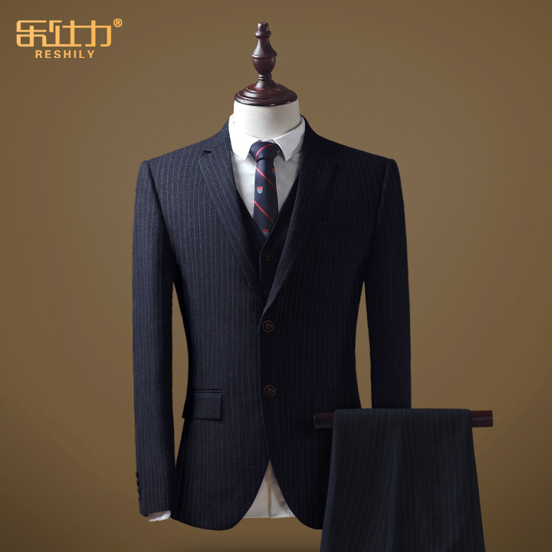 Groom suit suit Male business casual Blue stripe slim Korean suit Four seasons formal dress three-piece suit