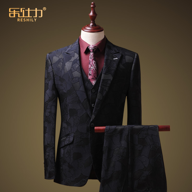 Suite suit men and Korean edition of summer pattern personality trend thin casual suit three packs wedding dress