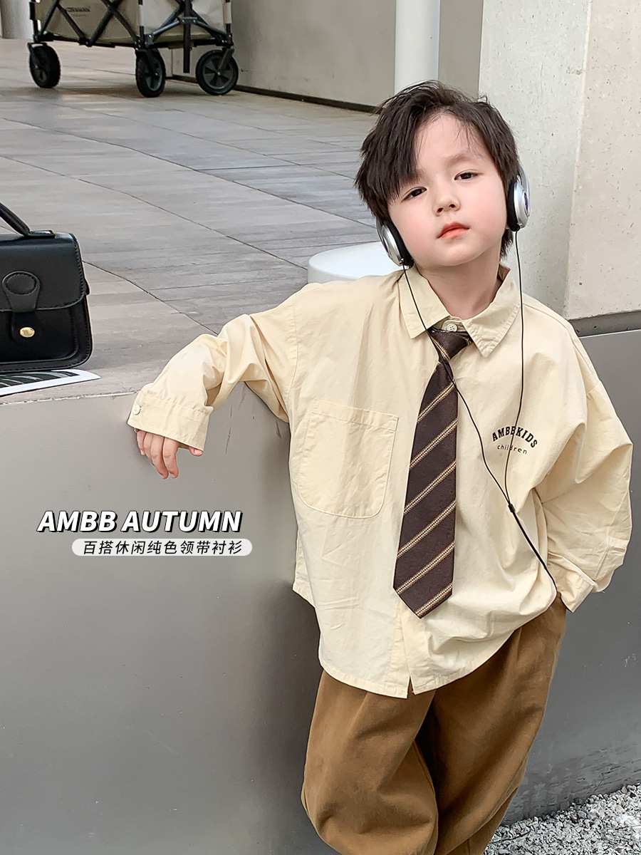 Child Long Sleeve Tie Shirt Loose Boy Academy Wind Handsome collar jacket Fall net red baby blouses-Taobao