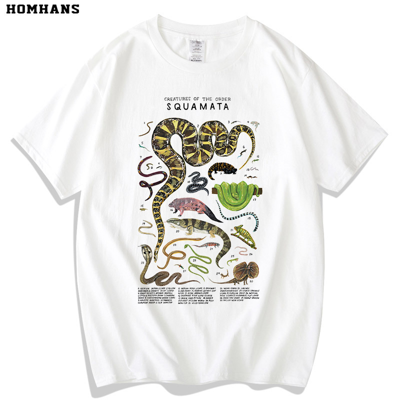 Reptiles, Scaly Lizards, Snakes, Exquisite Hand-Painted Printed Short-Sleeved Spring and Summer Breathable Cotton T-Shirts, Family Wear
