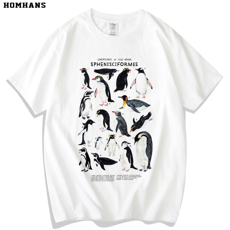 Penguin Collection Exquisite Hand-Painted Antarctic Animal Short-Sleeve Heavyweight Pure Cotton T-Shirt Breathable Printed Unisex Parent-Child Outfit