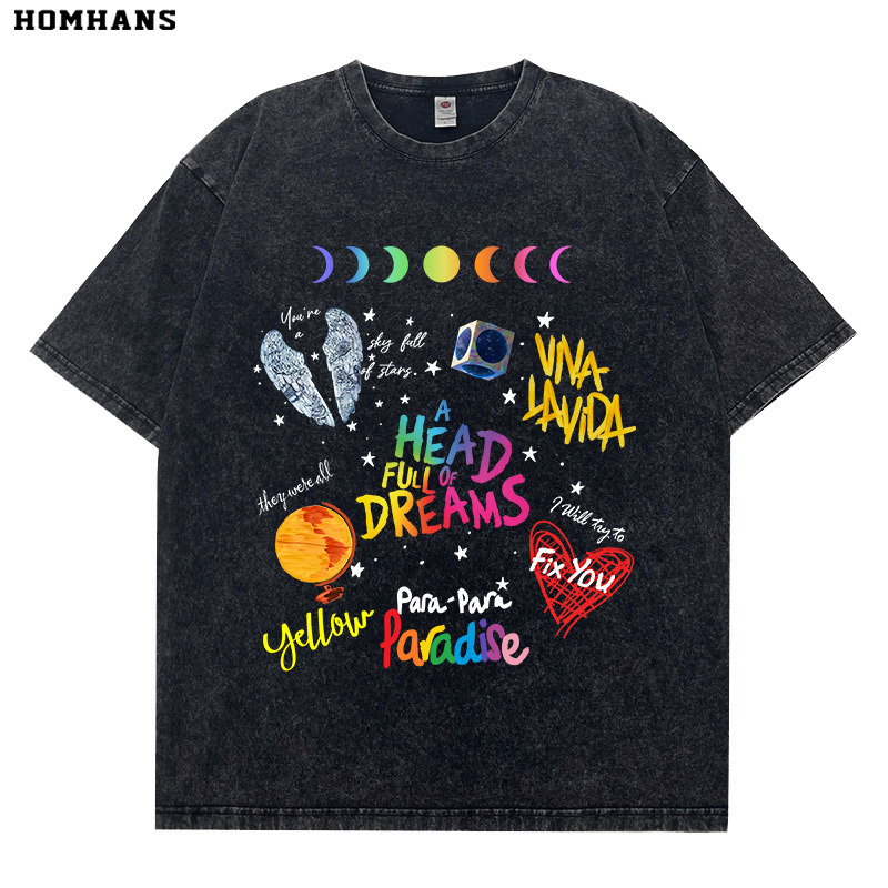 Cool Band Coldplay Music Merchandise American-Style Digital Direct-Print Short-Sleeve Heavyweight Pure Cotton Loose Fit Washed Vintage Cool Band Coldplay Music Merchandise American-Style Digital Direct-Print Short-Sleeve Heavyweight Pure Cotton Loose Fit Washed Vintage