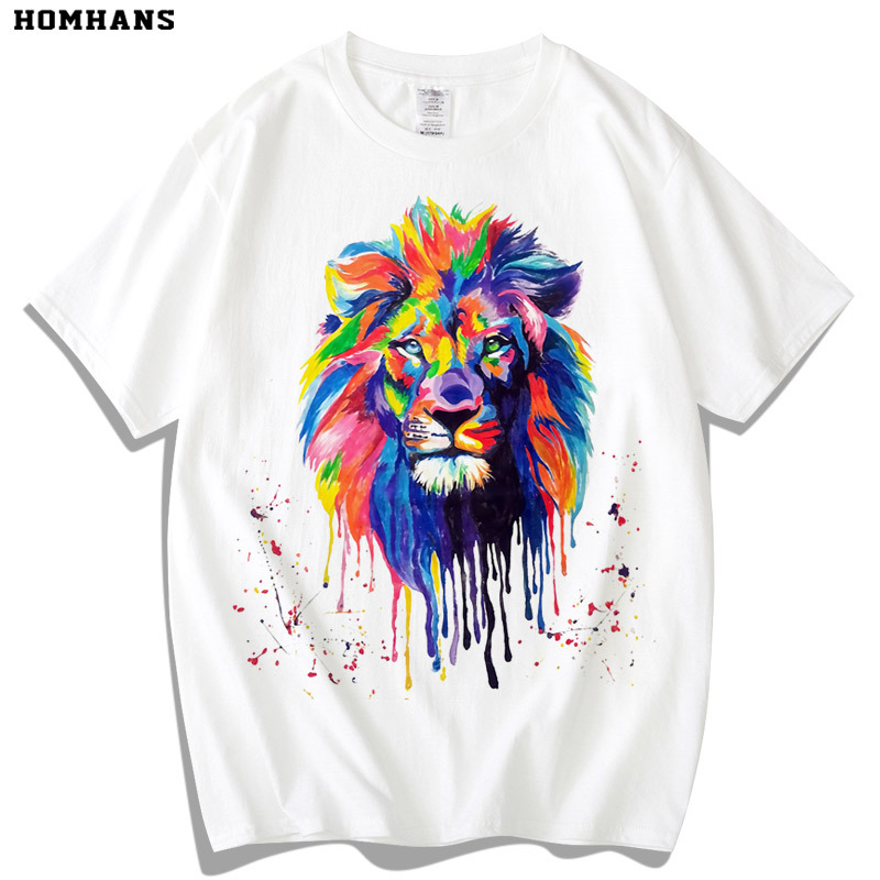 Red Korean New Style Watercolor Lion Hand-Painted Style Printed Breathable Summer Pure Cotton Short-Sleeve Unisex Loose Large Size Trendy