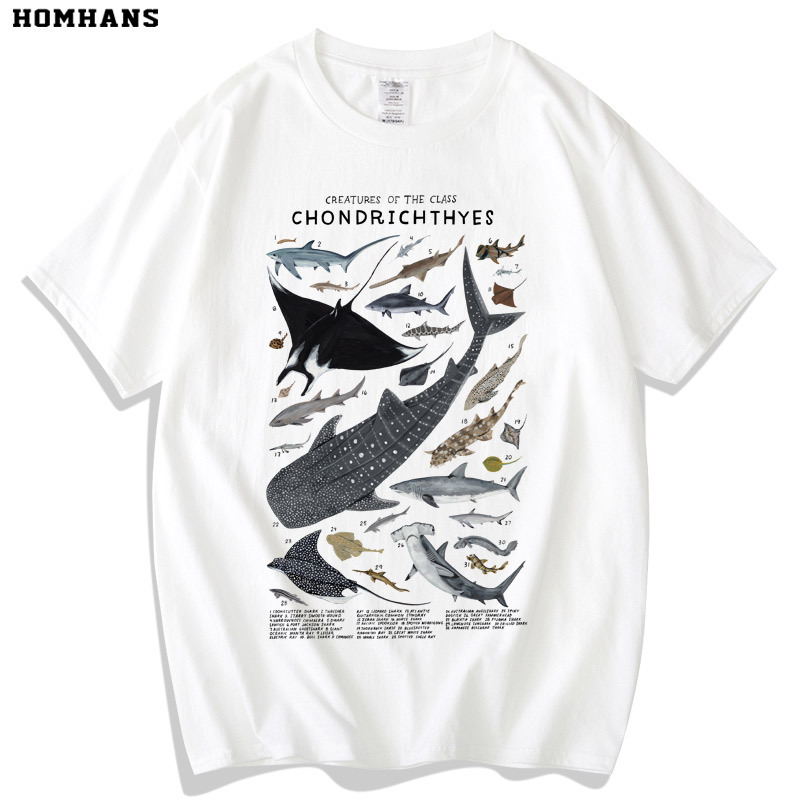 Cartilaginous Fish Ray Shark Marine Animal Short-Sleeve Heavy Cotton T-Shirt Summer Wear for Adults and Children Science Education