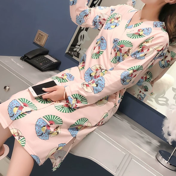 Kimono pyjama phụ nữ mùa đông và mùa thu váy ngủ dài tay Yukata Nhật Bản váy ngủ ren phụ nữ mùa xuân và mùa thu áo choàng tắm dài giữa gợi cảm - Night Robe