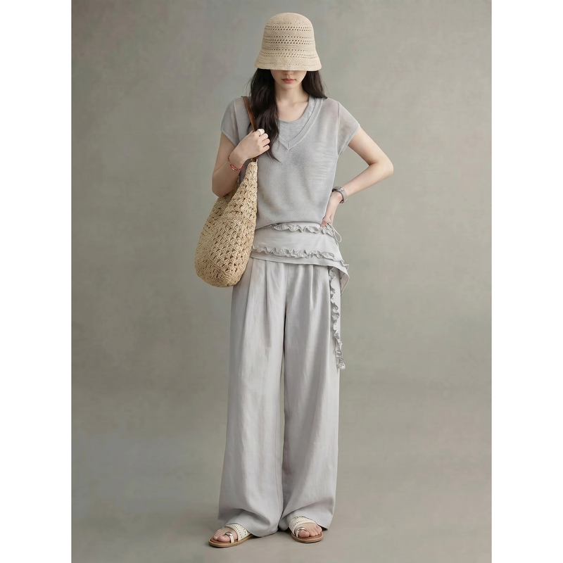 Gray Faux Two-Piece Knitted Short-Sleeve T-Shirt with Ruffled Hem and Pants, Very Pretty Two-Piece Set for Women, Summer Outfit