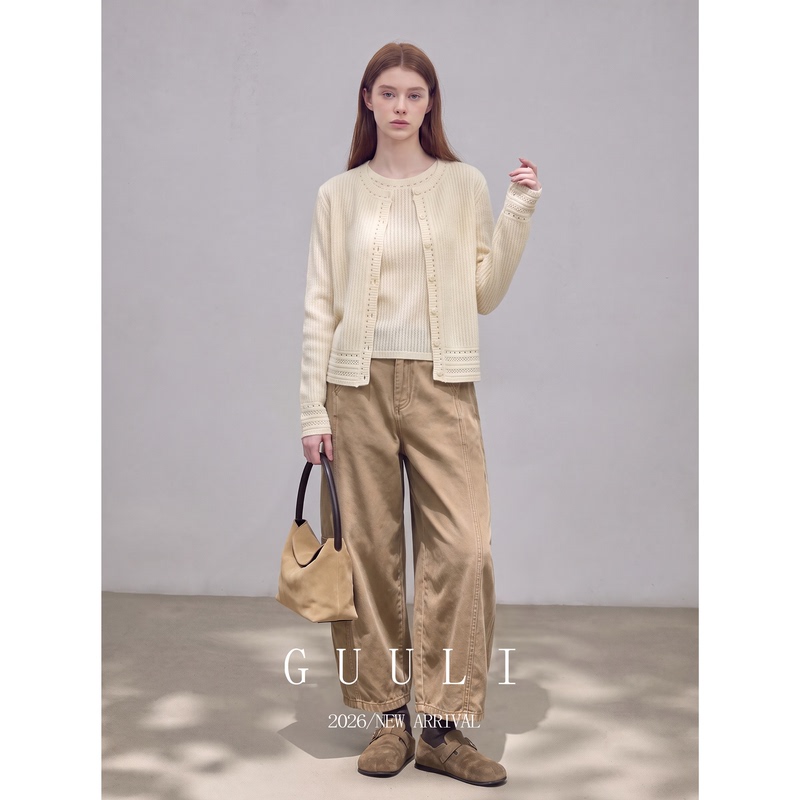 Off-White Hollow Knit Vest Long-Sleeve Cardigan Khaki Pants Ootd Relaxed Style Outfit Women's Autumn