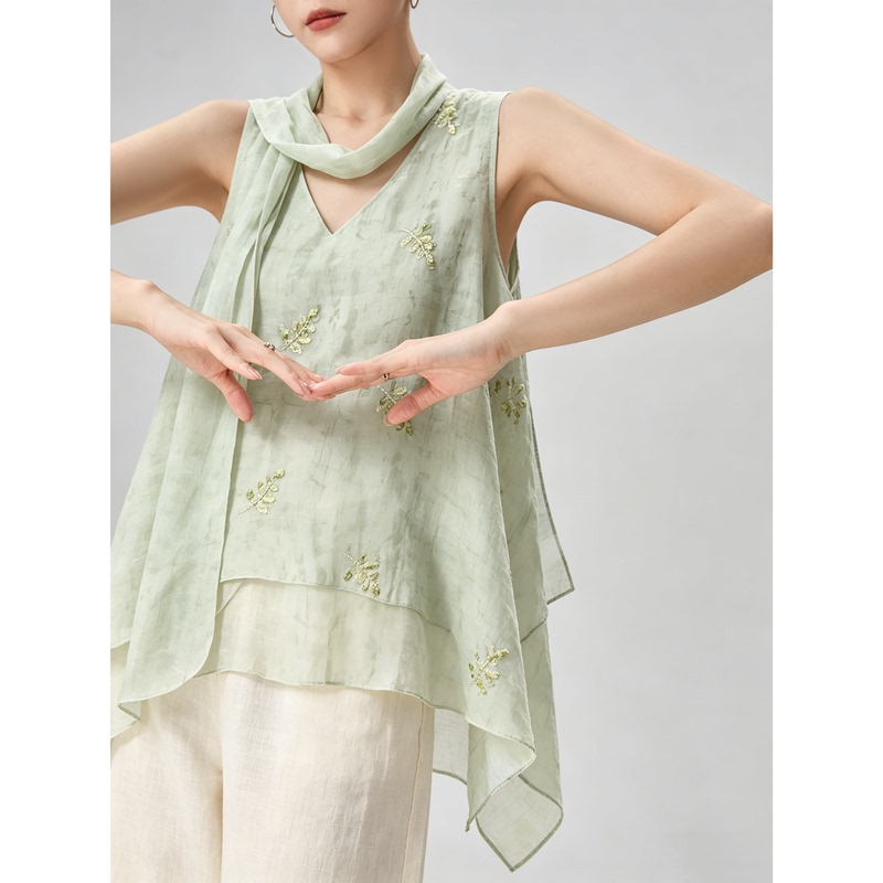 Fresh Mint Green V-Neck Sleeveless Vest with Ribbon, New Chinese Style Women's Top, 2026 Summer New Model