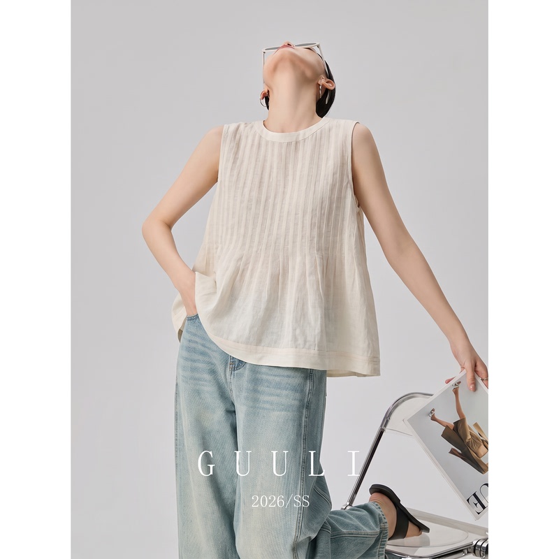 Vacation Style Apricot Round Neck Accordion Pleated Sleeveless Top Korean Chic Unique Camisole for Women Summer Outerwear Vacation Style Apricot Round Neck Accordion Pleated Sleeveless Top Korean Chic Unique Camisole for Women Summer Outerwear