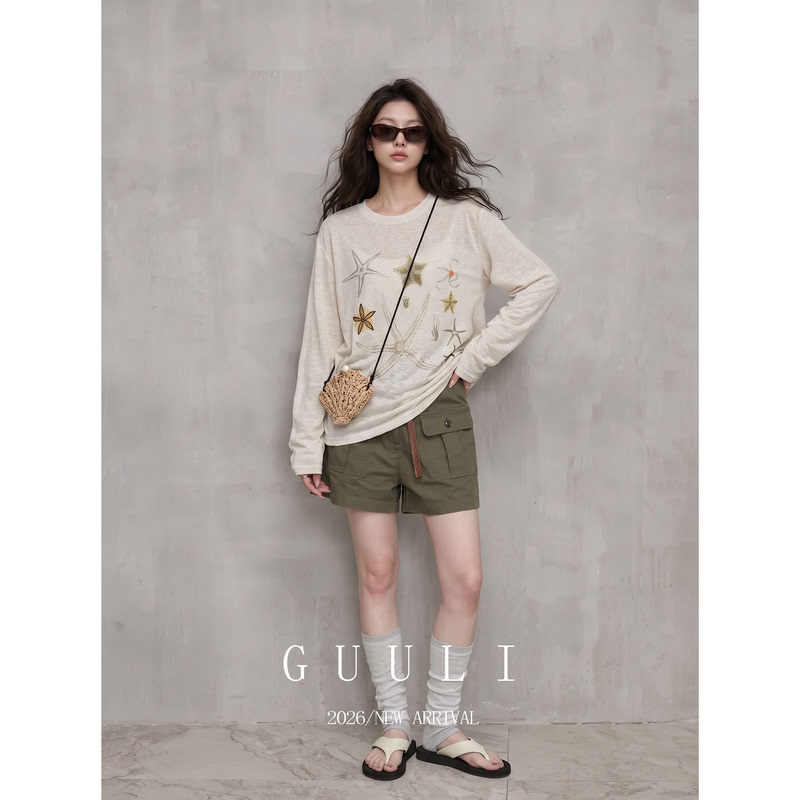 Apricot Starfish Shell Print Long-Sleeved Blouse T-Shirt Green Work Shorts Korean Style Outfit Complete Set Women's Clothing Apricot Starfish Shell Print Long-Sleeved Blouse T-Shirt Green Work Shorts Korean Style Outfit Complete Set Women's Clothing