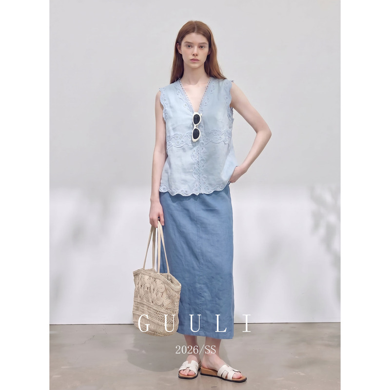 Light Blue Lace Sleeveless Top and Gray-Blue Skirt 2026 Relaxed Style Outfit Set, Very Beautiful Summer Outfit